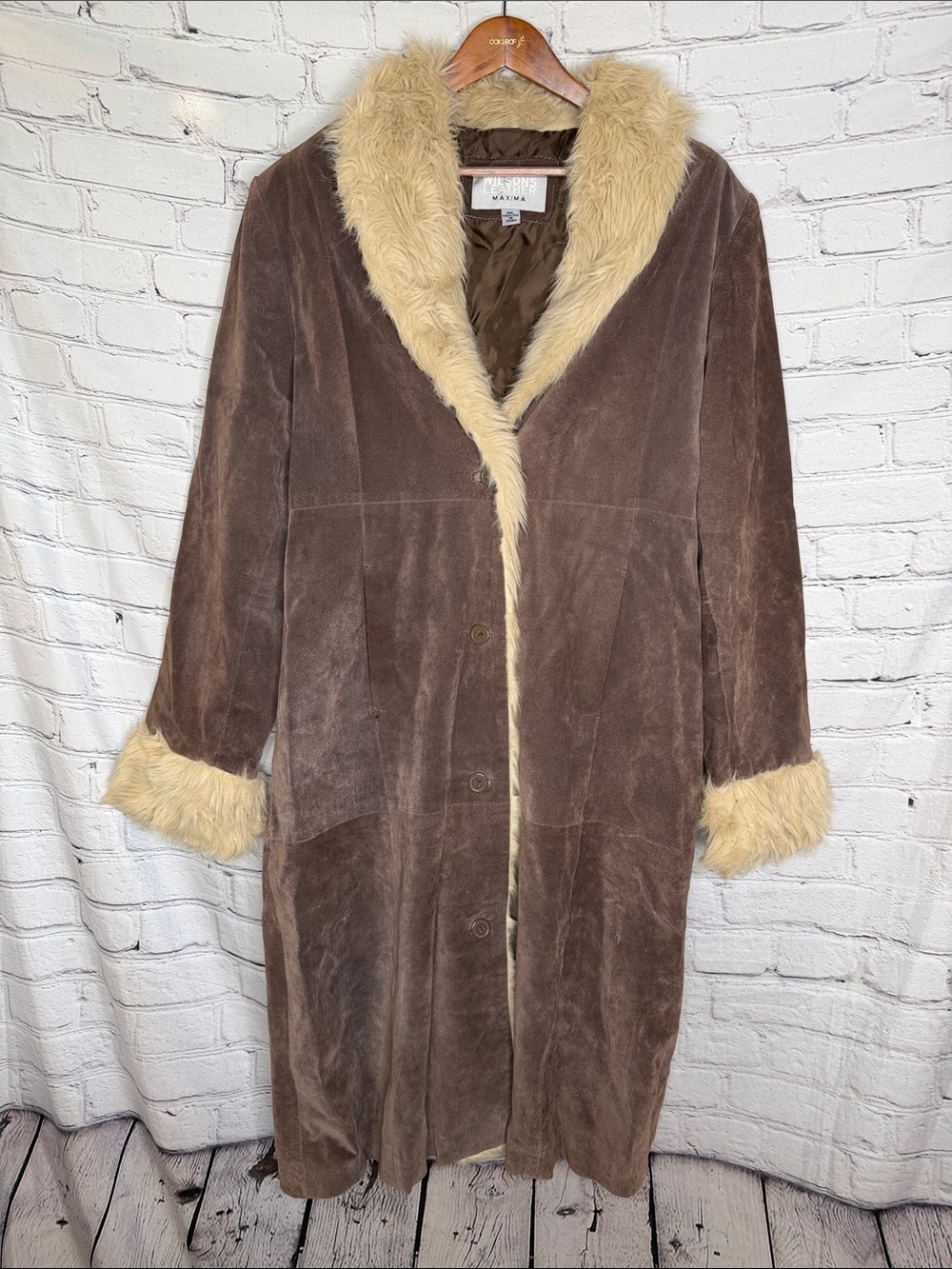 Wilsons Leather Maxima Brown Suede Coat with Cream Faux Fur Trim Size XX-Large